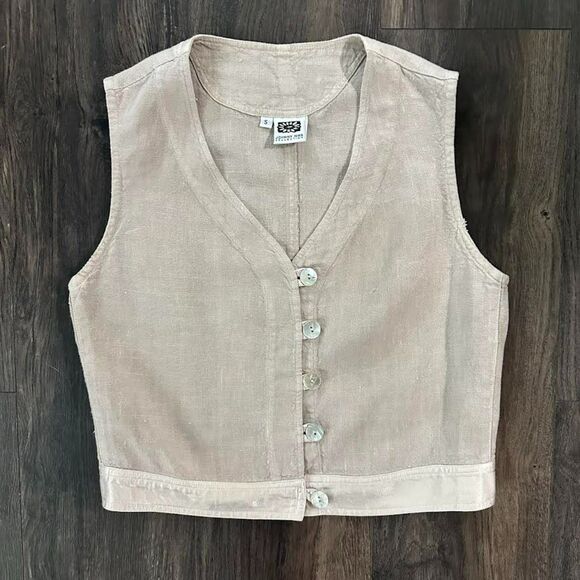 Vintage Johnny Was 100% Linen Vest Pearl Button Front VNeck Taupe Cream Sz Small - Picture 1 of 6